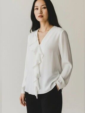 Theory 100% Silk Long Sleeve Ruffle Blouse. 